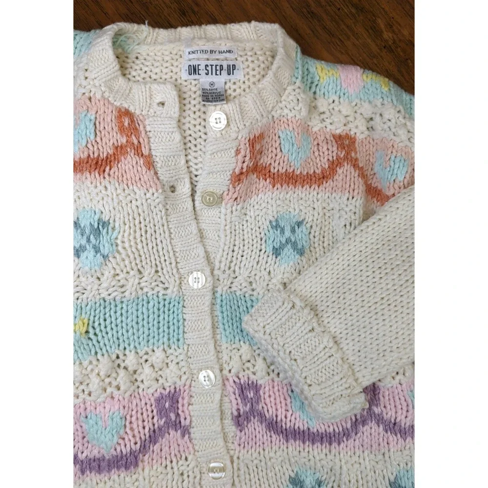 One Step Up Cardigan Sweater Sz MED Hand Knit Pastels Hearts Chunky Cable Knit - Picture 1 of 13